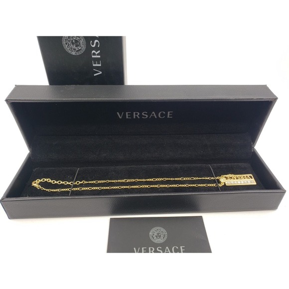 NEW VERSACE Medusa Head Strass Gold Dog Tag Necklace $695 Diamond 17.5"